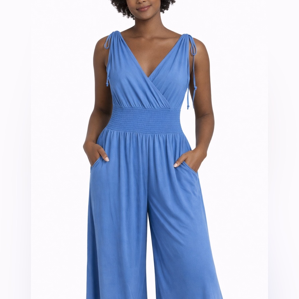 Lasagna Blue Wrap Front Wide Leg Jumpsuit Smocked Waist Size M